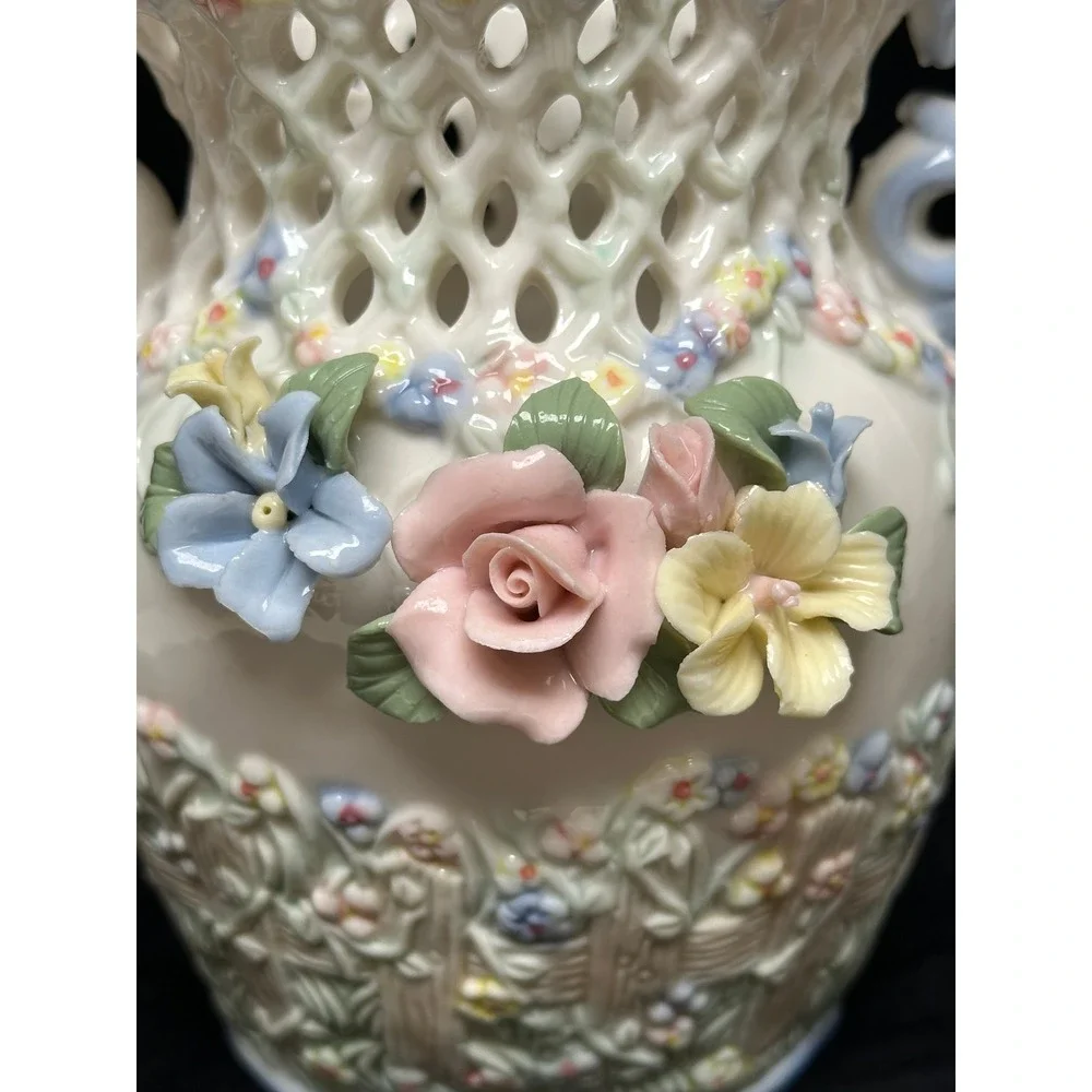 Floral Lattice Vase Cream Pastel Applied Porcelain 3D Flowers Scrolled Victorian